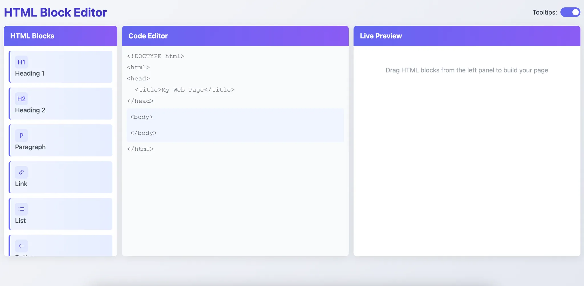 Screenshot of (Alternative) HTML Drag-and-Drop Block-Based Editor