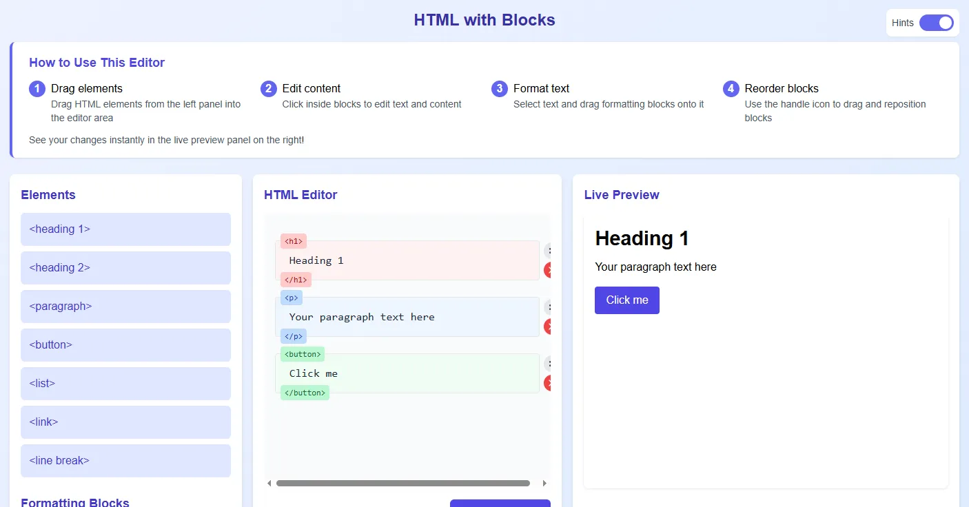 Screenshot of (Orginal) HTML Drag-and-Drop Block-Based Editor