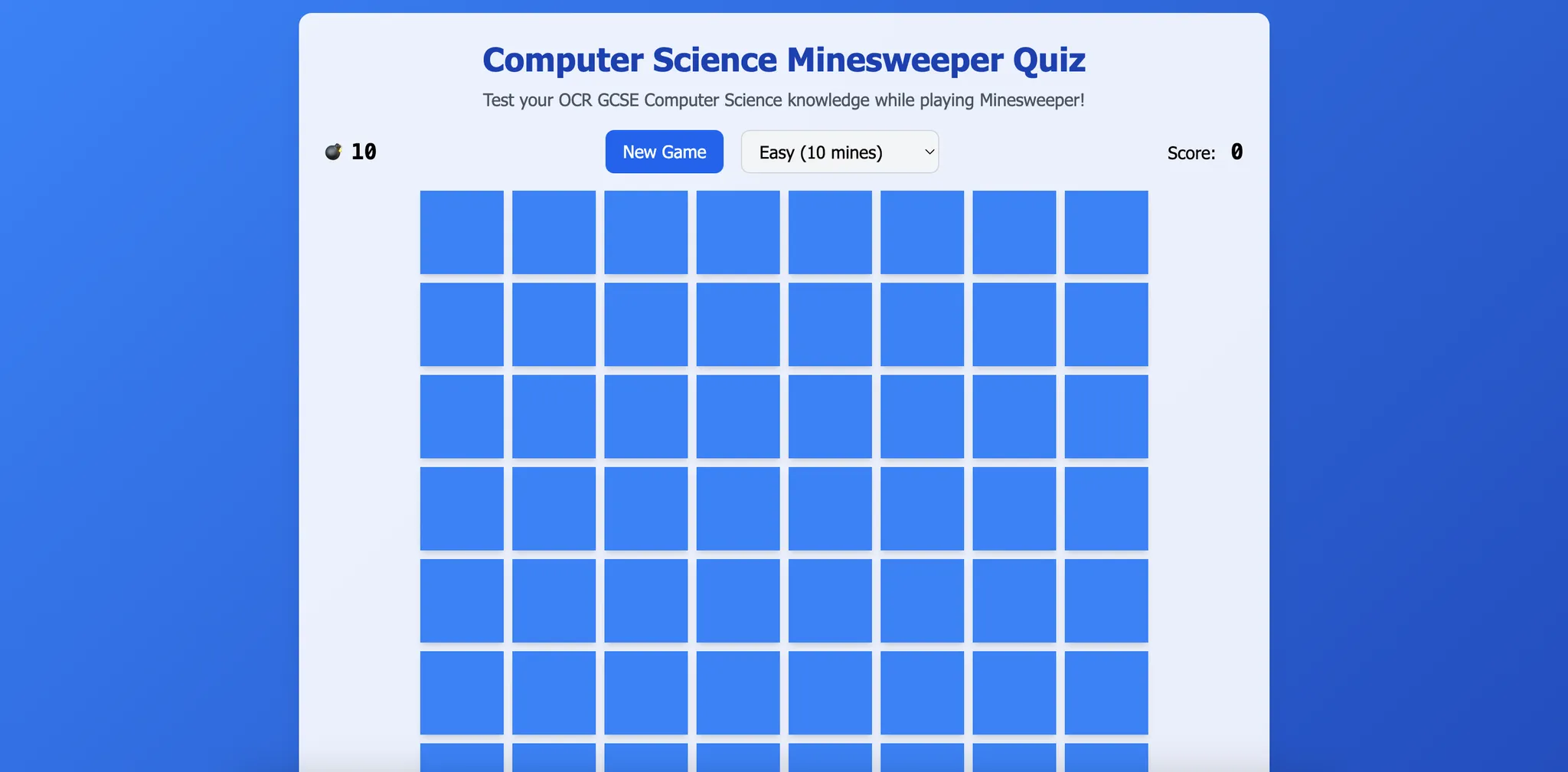 Screenshot of Computer Science Revision Minesweeper Game