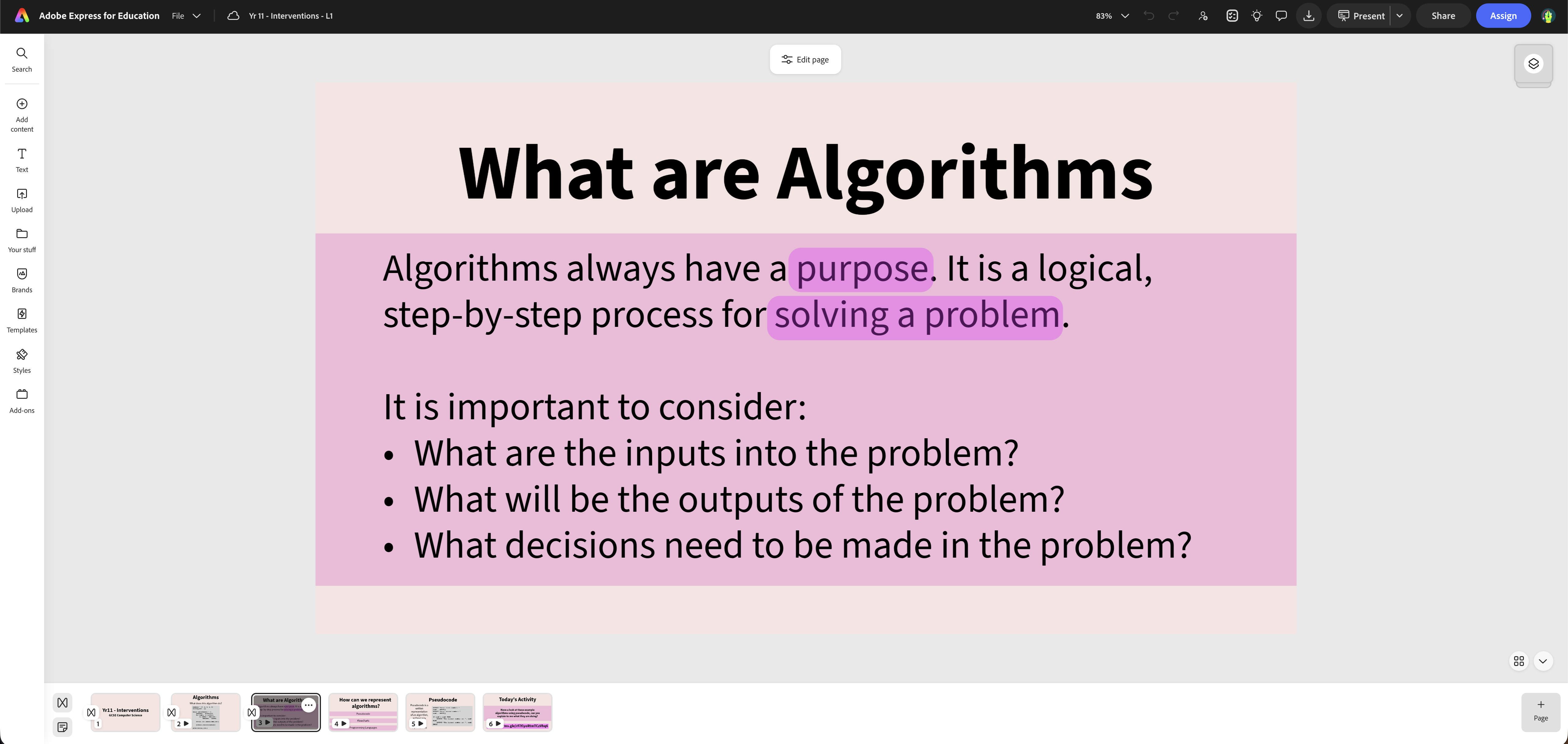 An example slide design in Adobe Express using simple shapes, colours and text.