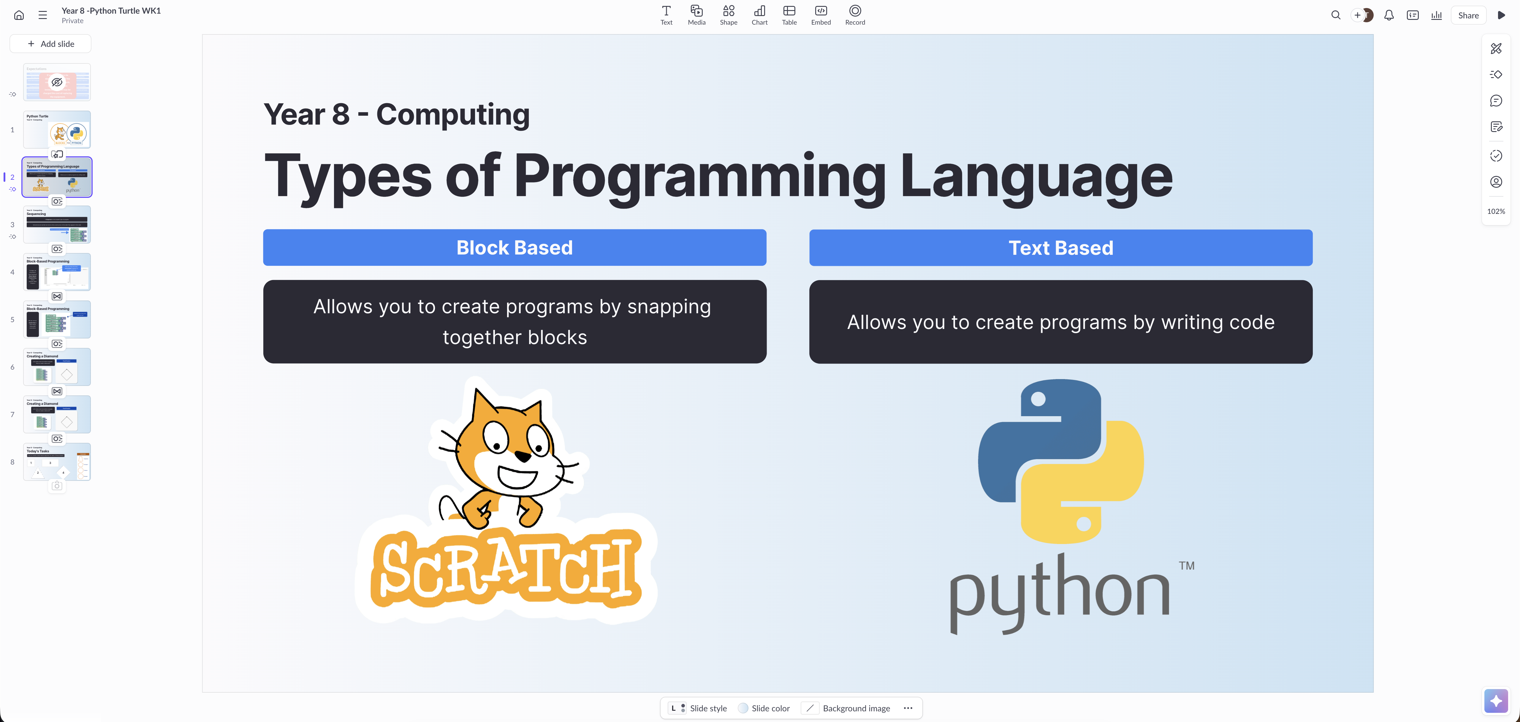 An example slide design in Pitch using simple shapes, colours and text.