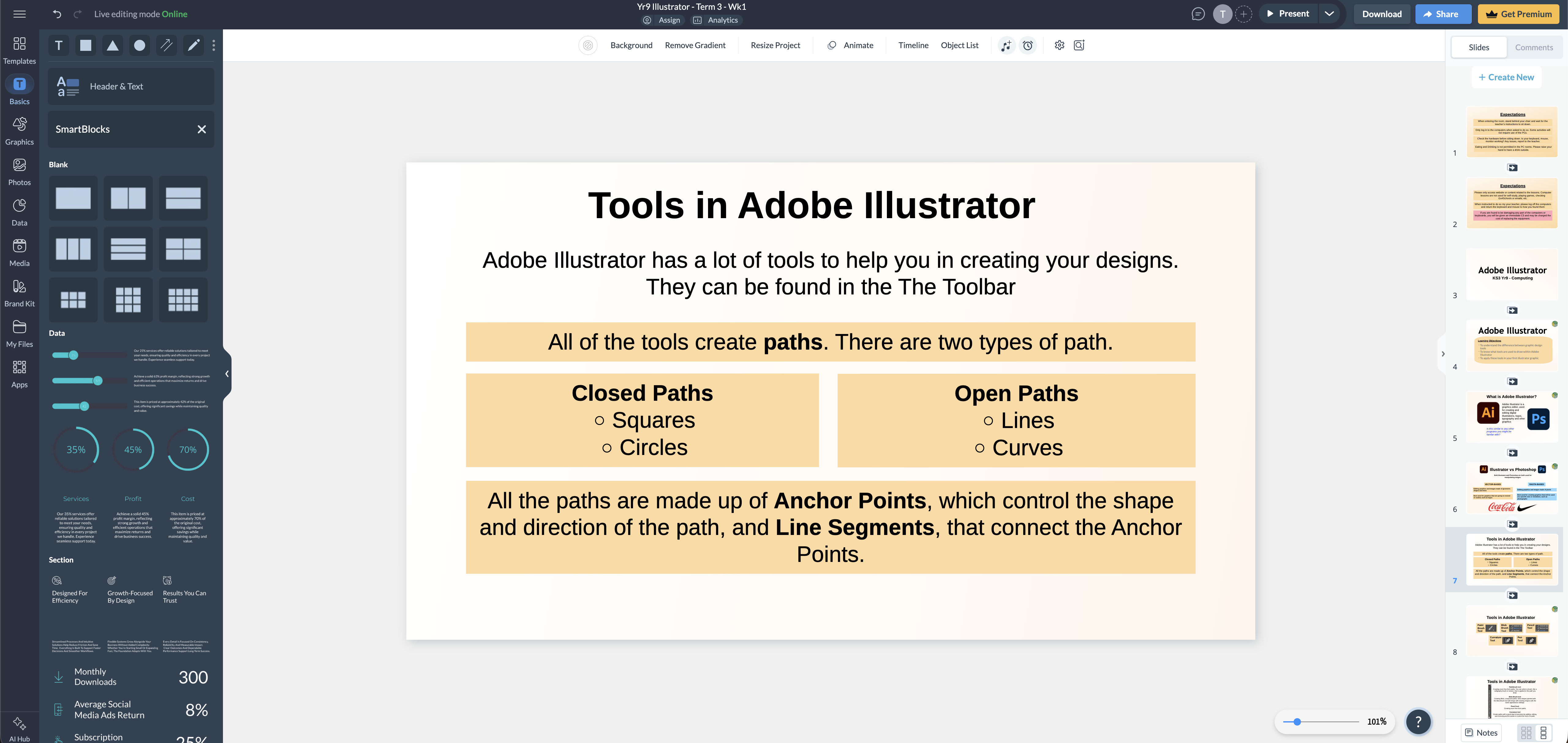 An example slide design in Visme using simple shapes, colours and text.